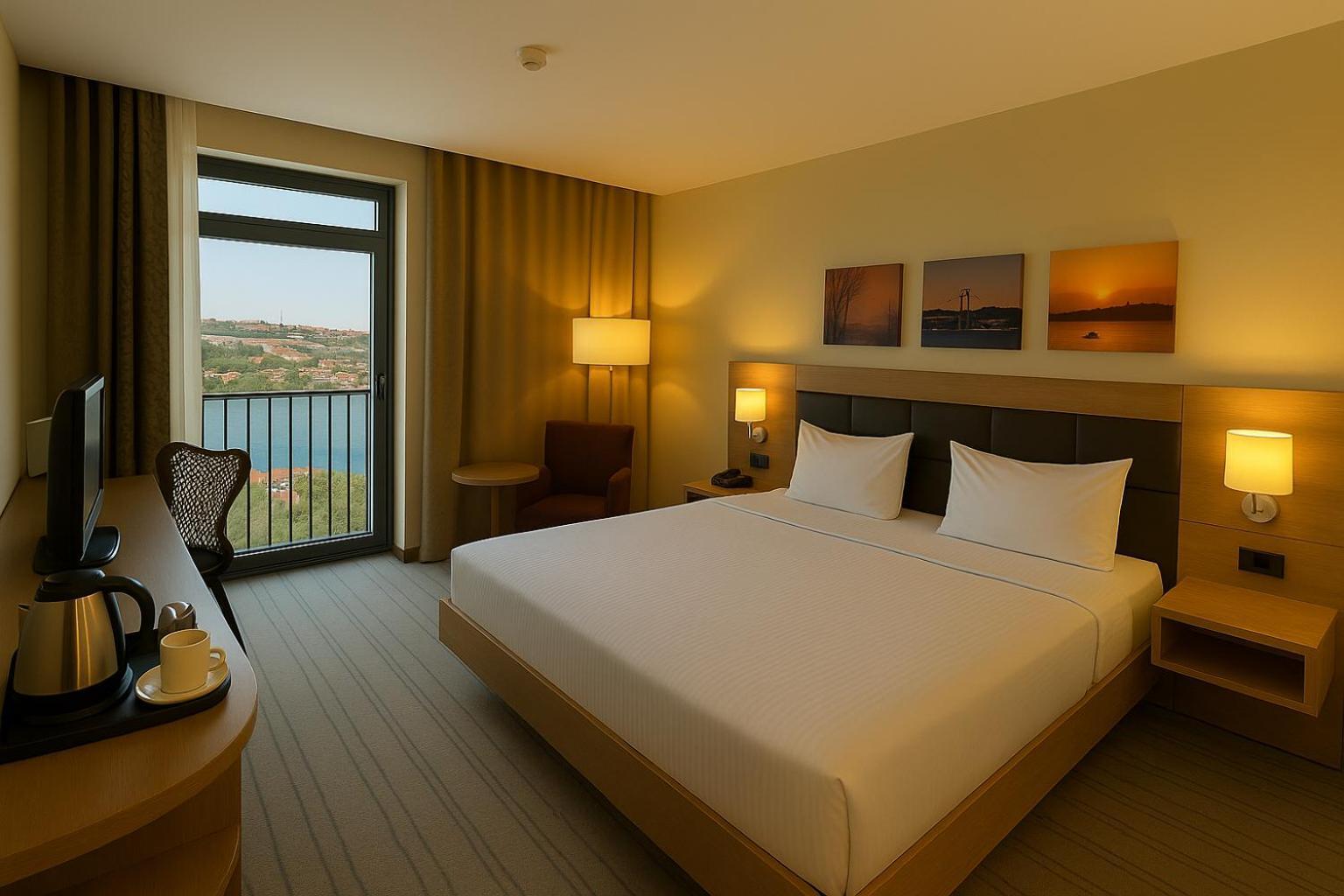 Zimmer mit Kingsize-Bett und Meerblick